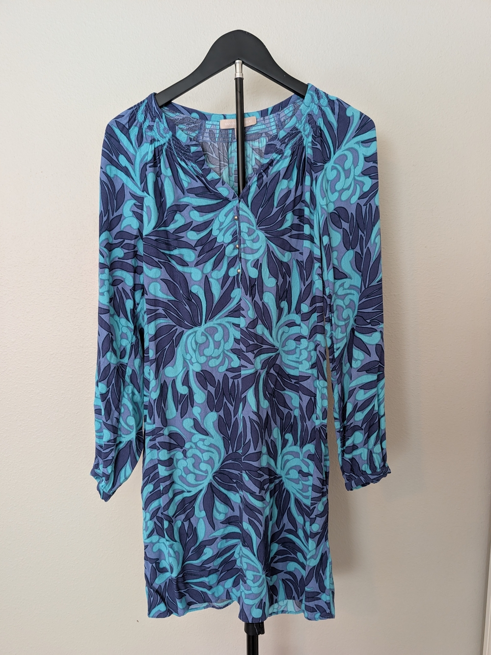 Banana Republic Navy and Turquoise Floral Long-Sleeve Dress